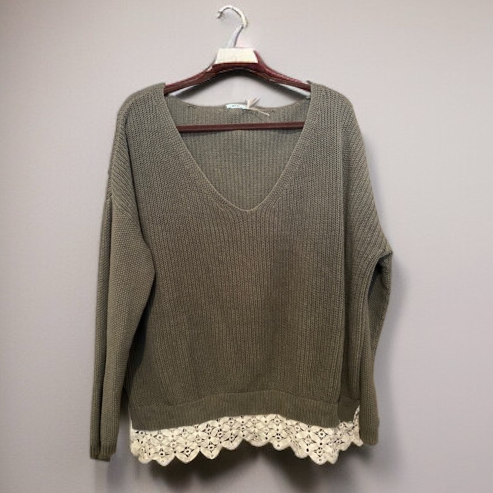 Kimchi Blue V-Neck Sweater with Lace Trim